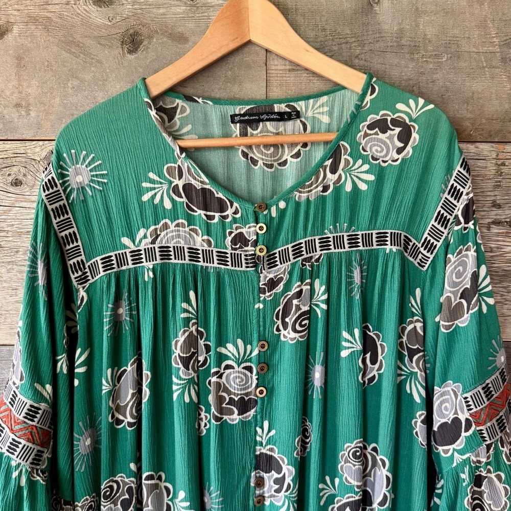 Gudrun Sjoden‎ Womens Embroidered Floral Tunic Top L Green Bell Sleeve Lagenlook